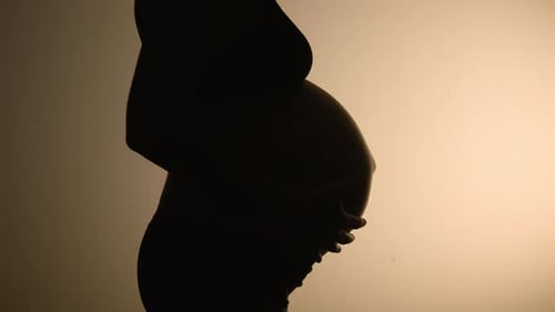 Una barriga muy embarazada cerca de dar a luz, en silueta contra una pared