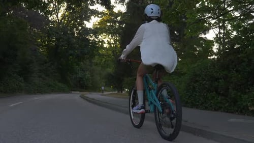 Young Adult Biking On The Street At Sunset. tracking shot, back view