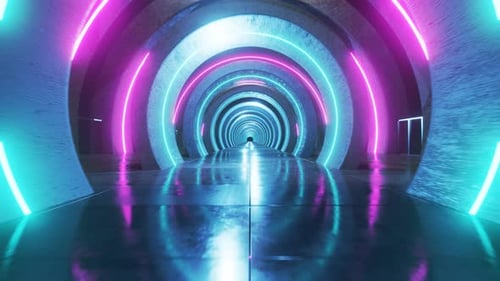 Seamless camera movement through a concrete tunnel with neon lights. Looped 3D animation, seamless a