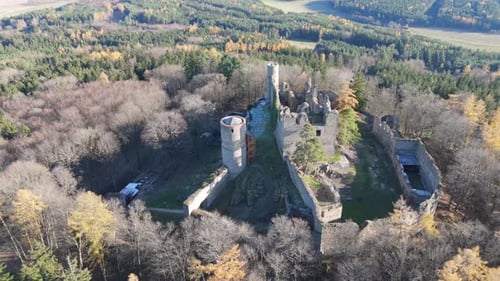 Aerial video above Helfenburk u Bavorova castle ruins aerial view in Czech Republic