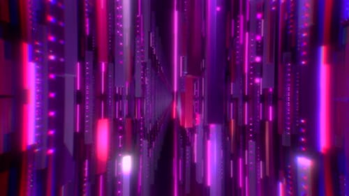 Langsame Fahrt durch sich bewegende neonbeleuchtete Säulen und Lichter. Abstrakter 4K-Loop.