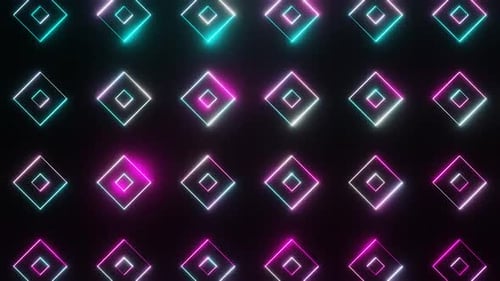 Cyan And Pink On Black Abstract Neon Glowing Square Patterns Background Vj Loop Animation In HD