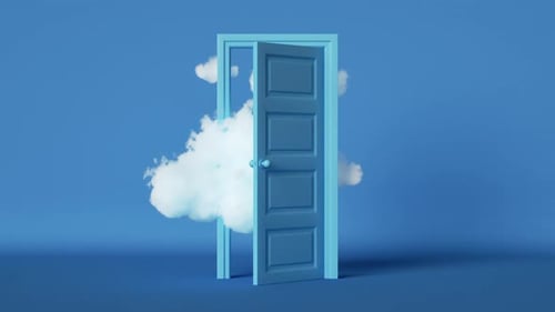 white clouds floating through the opening door