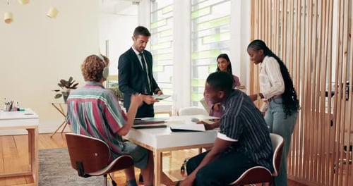 University, lecturer and students at business college for packing documents