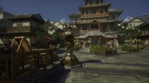 Temple Yard baigné de soleil avec un marché animé et une toile de fond pittoresque