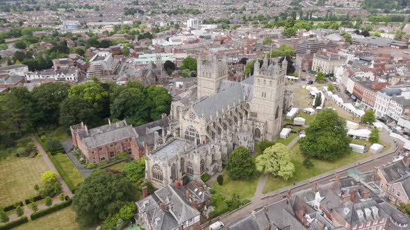 Orbital view of Exeter city highlighting the majestic cathedral and ...