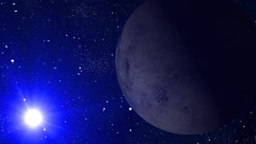 Spinning Fictional ERIS planet sphere galaxy in space with solar system, Amazing Sunrise. 2588