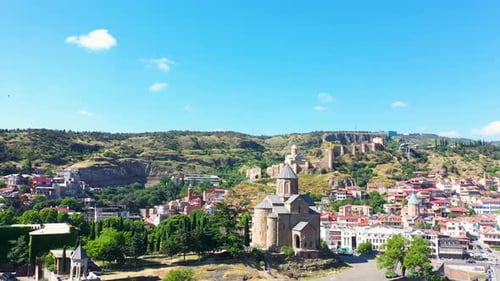 Metekhi Church is on the left bank of the Mtkvari River, Tbilisi Georgia, aerial