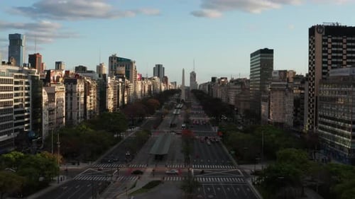 Aerial view of 9 de Julio Avenue in the City of Buenos Aires, Argentina. Slow motion of drone forwar