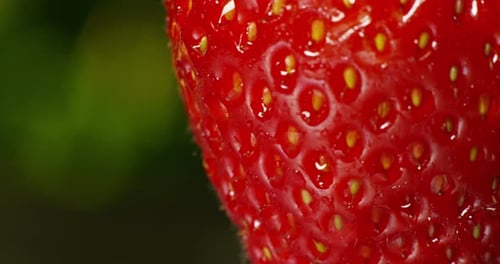 very close detail of fresh strawberry macro colorful dripping pure water