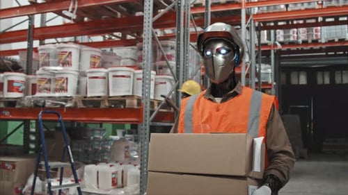Robotic Worker Carrying Boxes in Futuristic Warehouse