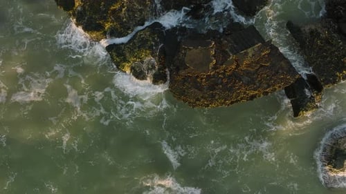 Beautiful aerial establishing view of Karosta (Liepaja) concrete coast fortification ruins, vibrant