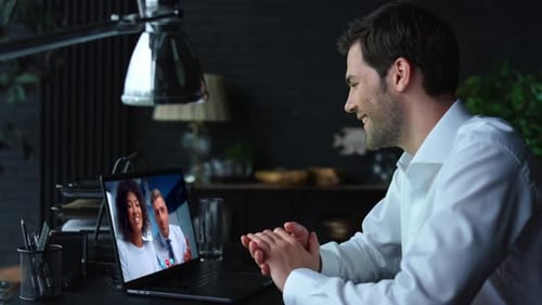 Businesspeople Talking Laptop Conference Using Video Connection Close Up