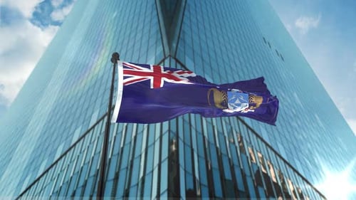 Realistic Flag Waving Before a Modern Corporate Building