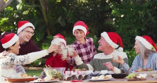 Happy caucasian family having christmas dinner in garden