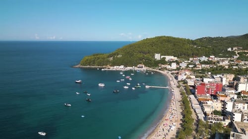 Forward Drone Shot Above Albanian Riviera Tourist Town of Himare, Albania