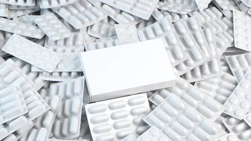 Modell einer Pillenschachtel auf einem Medikament, Pillen und Kapseln in Blisterpackungen, 3D-Nahaufnahme