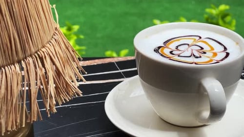 Close Up of Latte on Table in Tropical Setting
