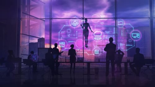 Futuristic AI Hologram with Business Data in Corporate Meeting