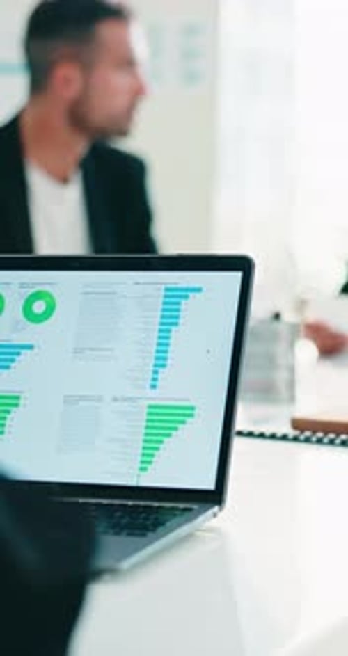 People, meeting and data analysis in office with laptop screen, research or finance stats for audit