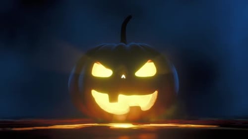 Glowing Halloween Jack-o'-Lantern in Dark Foggy Scene