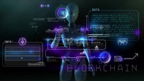 The Robot Works With The Blockchain In The Virtual Space HD