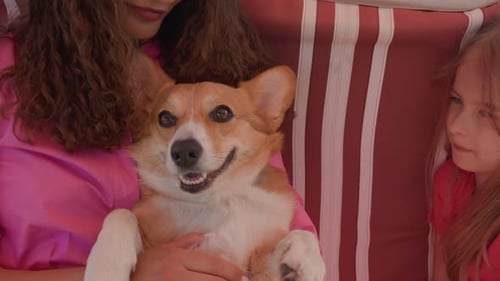 Woman and Girl Cuddle Pet Dog on Swing