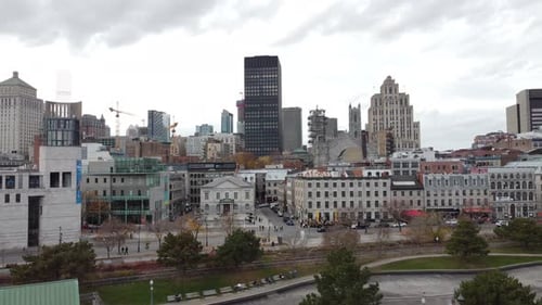 aerial skyline cityscape of historical district Old Port of Montreal city Quebec Canada