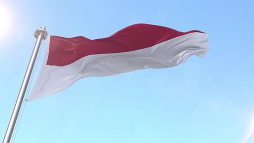 Indonesian Flag Waving in Blue Sky