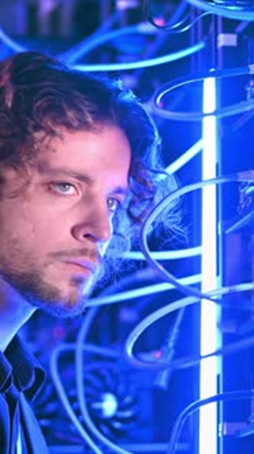 Man analysing servers in a data center. Vertical