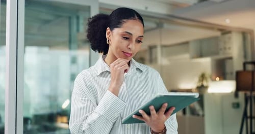 Happy woman, tablet and typing in office at startup, research or project management notes at media