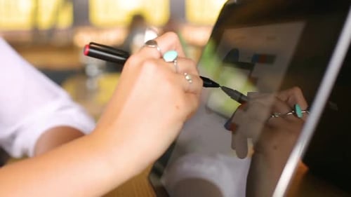 Woman Analyzes Digital Data on Laptop with Stylus