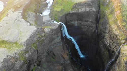 Aerial view of Haifoss waterfall at sunset, Southern, Iceland.