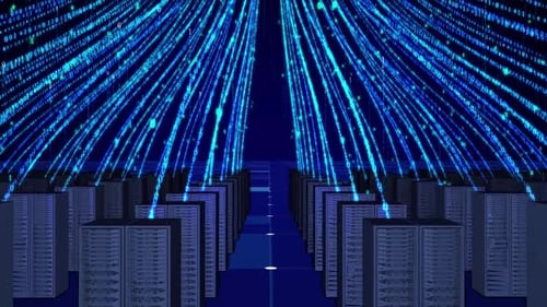 Inteligência artificial, sala de computadores digitais, servidor, transmissão de fluxo de informações