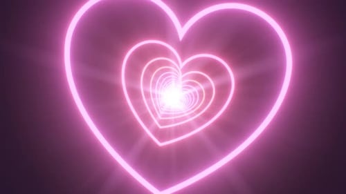Flying Through Pink and Blue Bright Glowing Neon Twisted Heart Tunnel - 4K