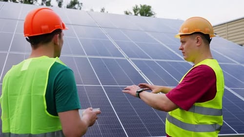 Two Engineers in Hard Hats are Talking Against the Backdrop of Solar Panels