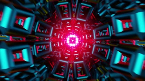 Cyan Tunnel of Rotating Metallic Cubes with Pulsing Magenta Core and Neon Glow