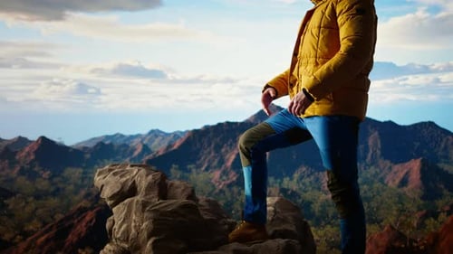 Proud Explorer Basks in the Joy of Accomplishment Standing at the Mountain Peak