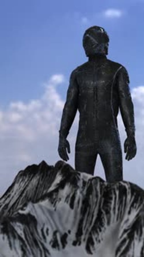 Robotic Man Standing Behind Snowy Mountain Vertical