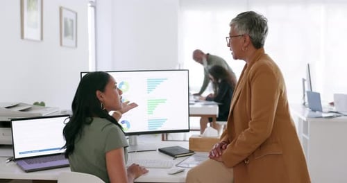 Computer, senior manager and employee with chart research or analytics on dashboard screen for data
