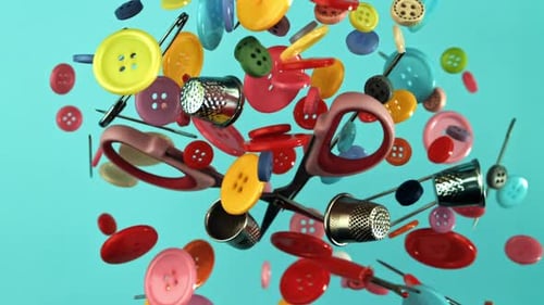 Floating Colorful Sewing Accessories on a Blue Background