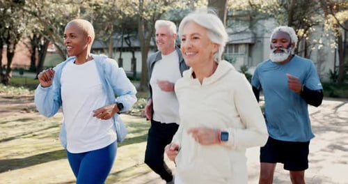 Senior people, running and outdoor friends for fitness, morning cardio and park for active training