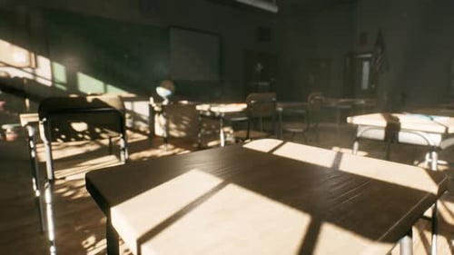 View to Classroom with Tables and Small Blackboard and Grungy Walls