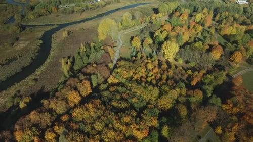 Herbst-Stadtpark. Bäume mit bunten Blättern. Ein gewundener Radweg ist zwischen den Bäumen sichtbar