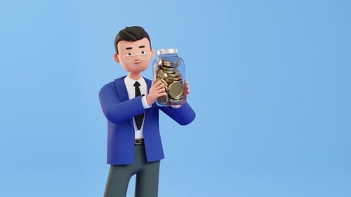 Der Geschäftsmann hält ein Glas mit Münzen darin. Konzept der Investition und des Geldsparens