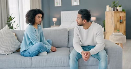 Couple, sad and fight with a man and woman talking about divorce, stress
