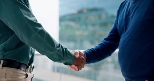 Business people, meeting and shaking hands in city for deal, partnership and introduction