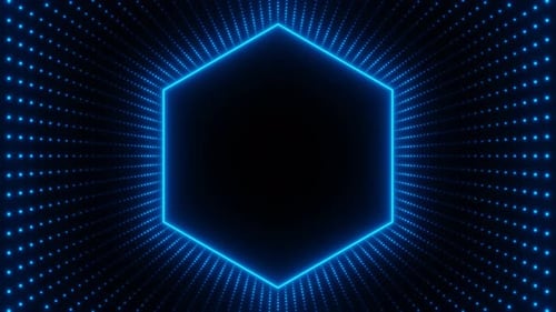 Blue Neon Hexagon Frame with Waves of Dots Loop Animation
