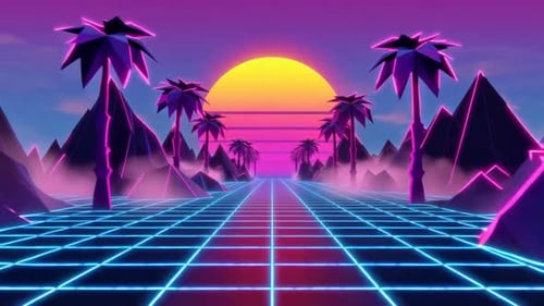 80er Synthwave Retro-Neongitter mit Palmen und Sonne