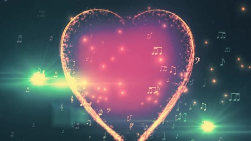 Elegant Glowing Heart with Musical Notes and Particles Background